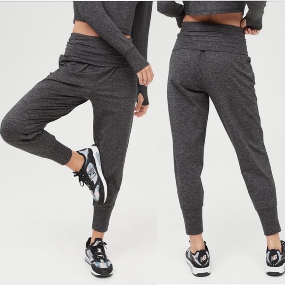 aerie Pants - Aerie Offline Hugger Jogger High Waisted Fold-over Waistband Heather Gray Size L